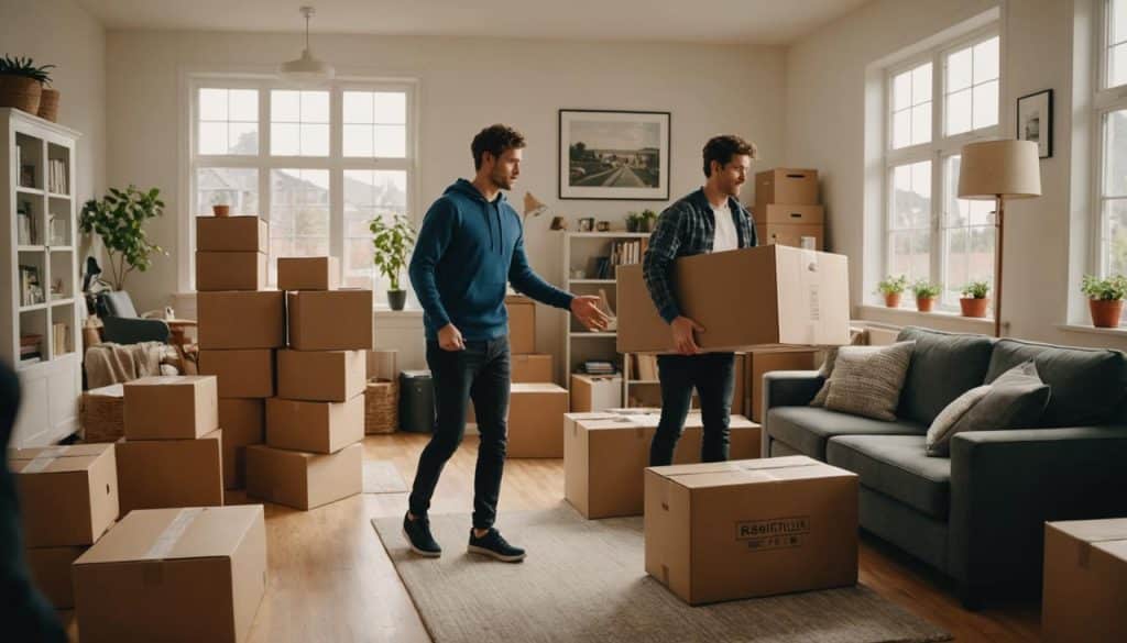 2 hommes qui déménagent avec pas mal de cartons