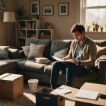 un homme sur son canapé avec des cartons