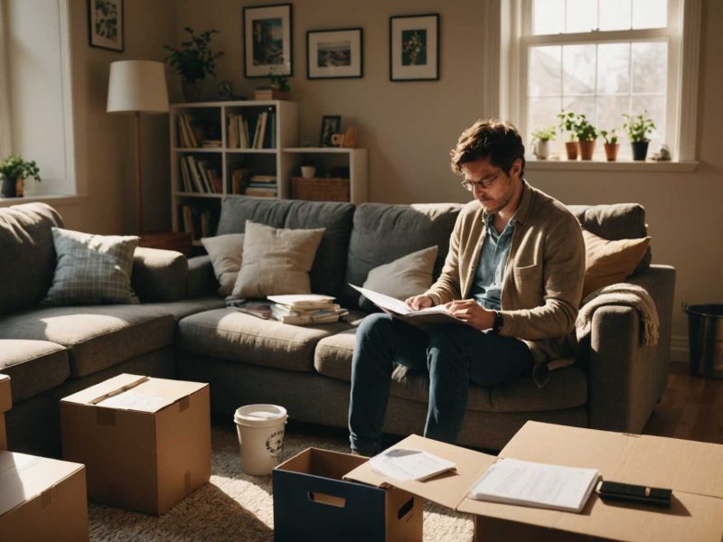 un homme sur son canapé avec des cartons