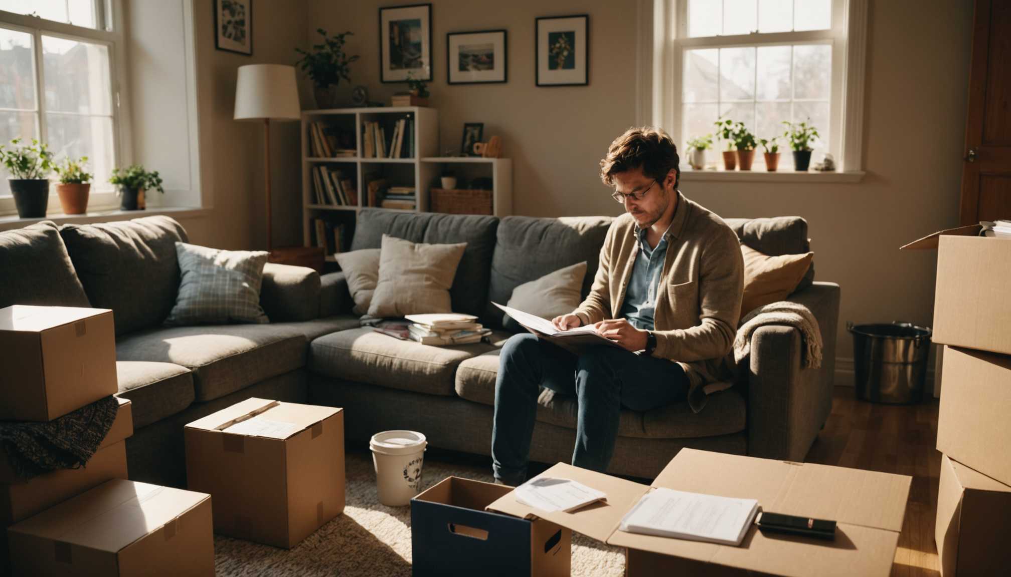 un homme sur son canapé avec des cartons