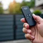 une telecommande dans une main devant un portail