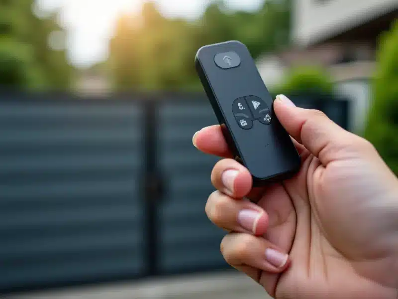 une telecommande dans une main devant un portail