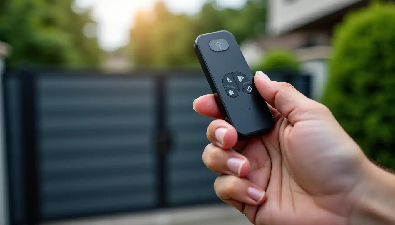 une telecommande dans une main devant un portail